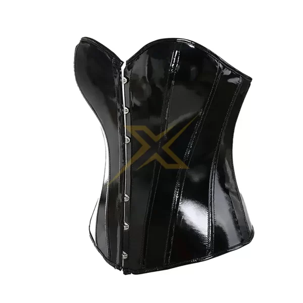 Excel Leather Black Shine PVC Steampunk Leather Waist Trainer Overbust Corset 2