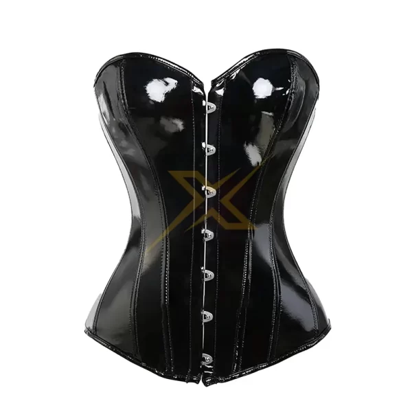 Excel Leather Black Shine PVC Steampunk Leather Waist Trainer Overbust Corset 3