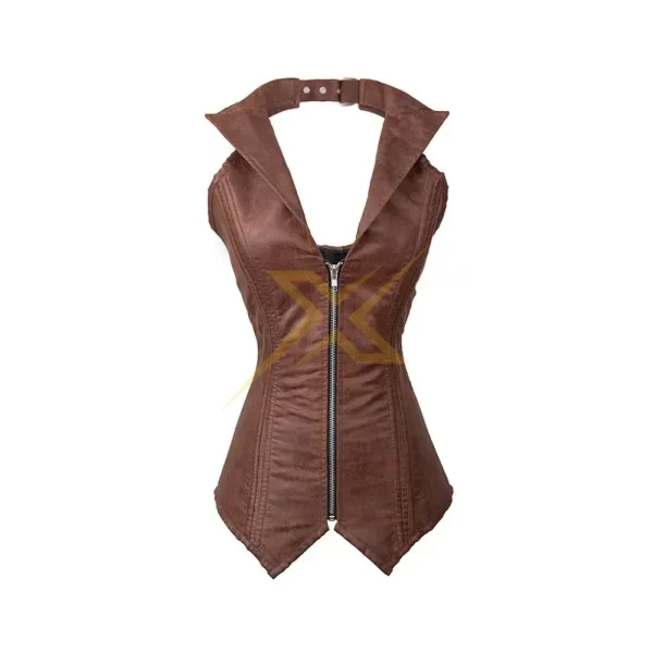 Faux Leather Steampunk Corset Goth Spiral Vest Zip Top Genuine Steel Boned Biker Overbust Corset 1