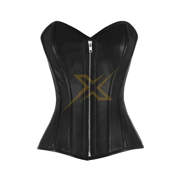 Genuine Leather Front Zipper Steampunk Waist Training Top Overbust Corset 1