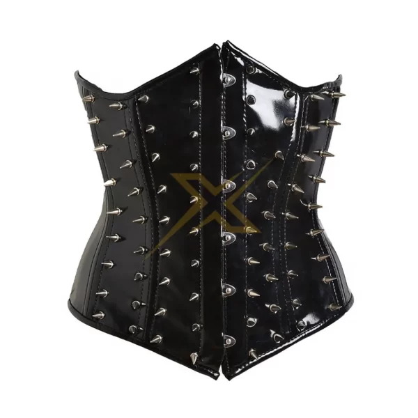 Womens Genuine PVC hooks and Eye Black Spiked Corset 1