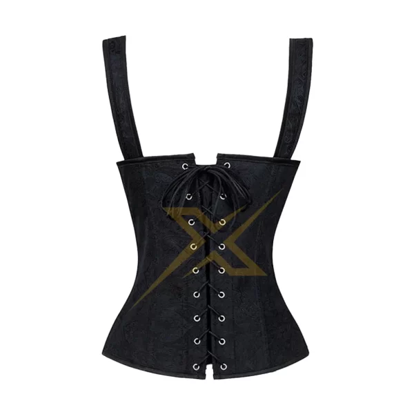 Womens V Neck Faux Leather Black Vintage Corset with Garter Ties Lace up Corset 1