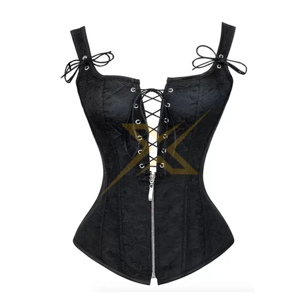 Womens V Neck Faux Leather Black Vintage Corset with Garter Ties Lace up Corset 2