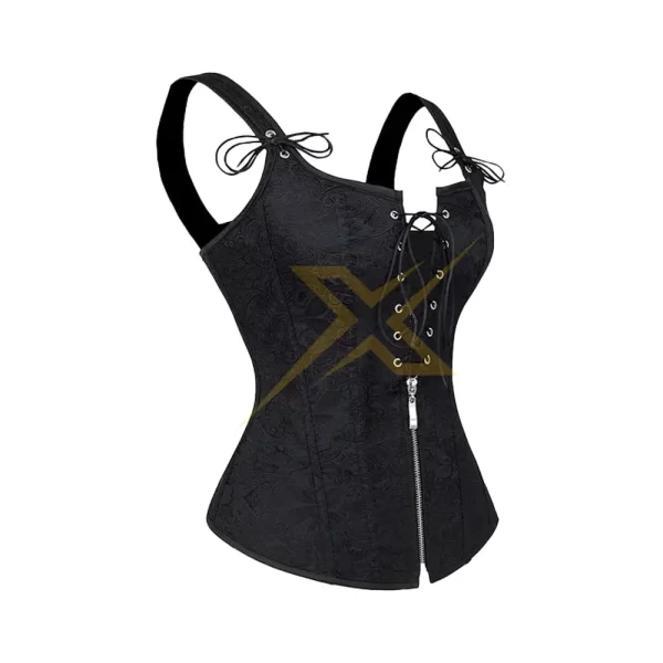 Womens V Neck Faux Leather Black Vintage Corset with Garter Ties Lace up Corset 3