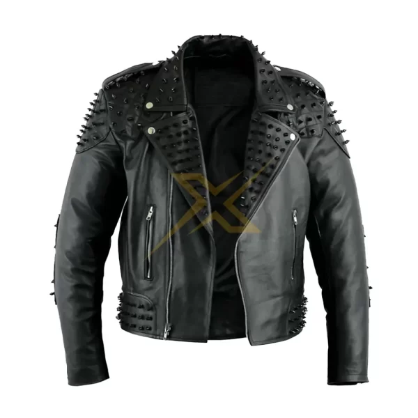 012 Mens Genuine Black Quality Studded Cowhide Leather Biker Jacket 2