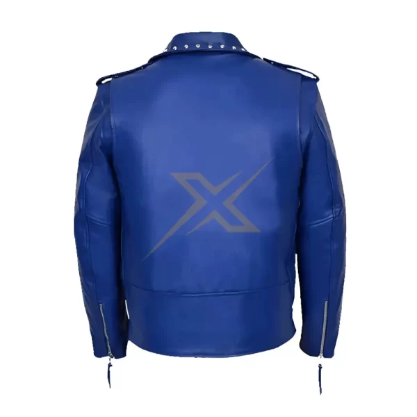 013 Mens Genuine Studded Leather Biker Blue Jacket 1