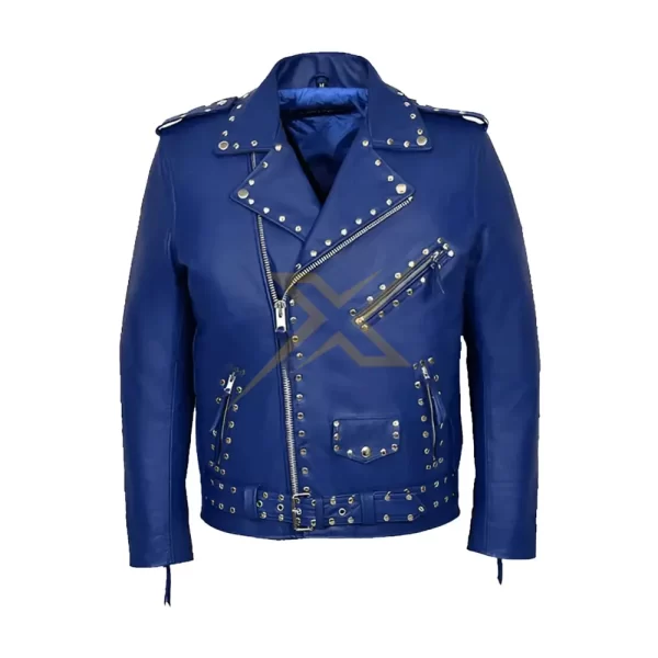 013 Mens Genuine Studded Leather Biker Blue Jacket 2