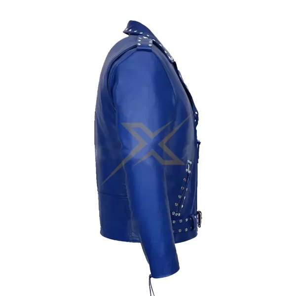 013 Mens Genuine Studded Leather Biker Blue Jacket 3