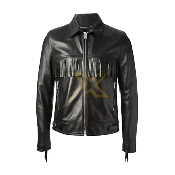 017 Mens Genuine Handmade Black western Fringe Leather Jacket 2