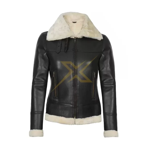 027 Women Genuine Real Lambskin Brown Shearling Leather Bomber Jacket 2