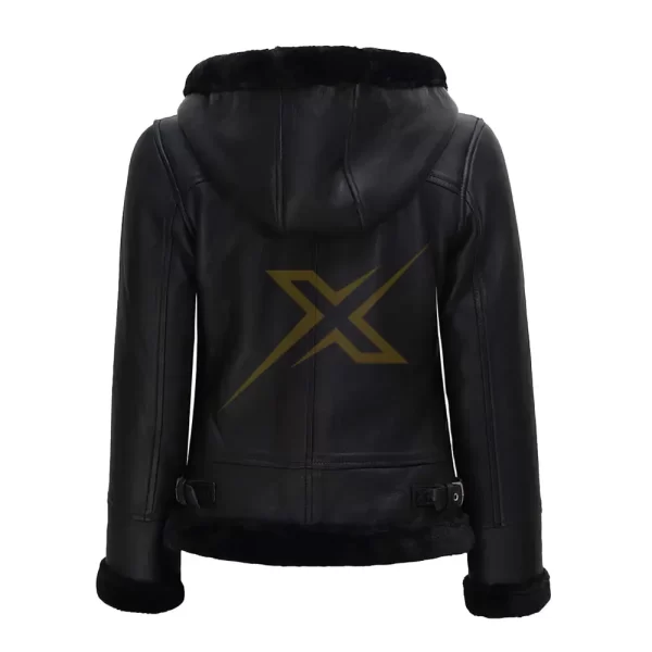 029 Womens Black Genuine Real Lambskin Shearling Bomber Leather Jacket with Hood 1