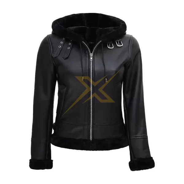 029 Womens Black Genuine Real Lambskin Shearling Bomber Leather Jacket with Hood 2