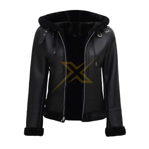 029 Womens Black Genuine Real Lambskin Shearling Bomber Leather Jacket with Hood 3
