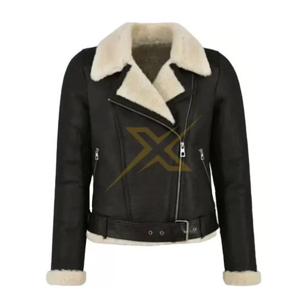 032 Womens Genuine Real Shearling Bomber Biker Black Leather Jacket 2