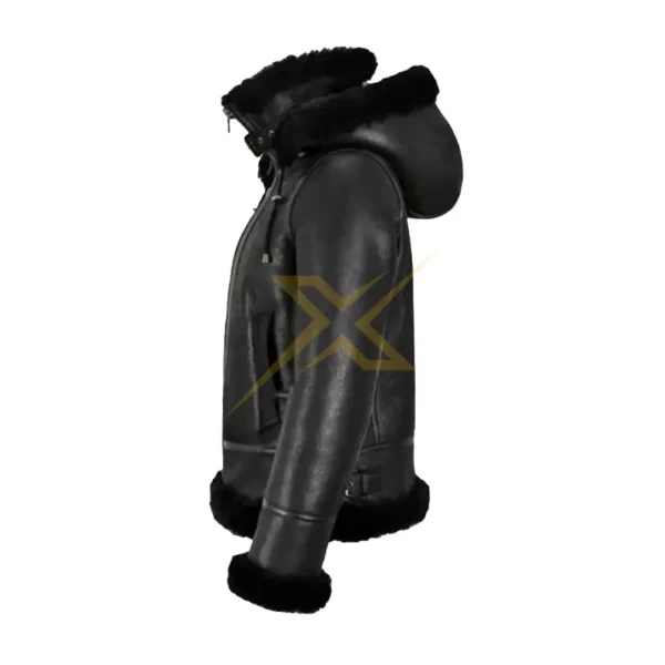 035 Womens Sheepskin Genuine Bomber Leather In Black With Hood Jacket 2