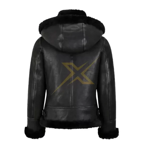 035 Womens Sheepskin Genuine Bomber Leather In Black With Hood Jacket 3