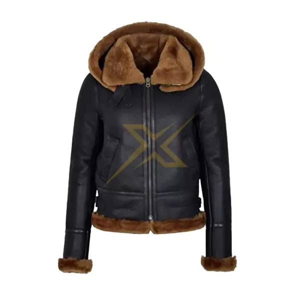 036 Womens Sheepskin Leather Genuine Black with Hood Jacket 1