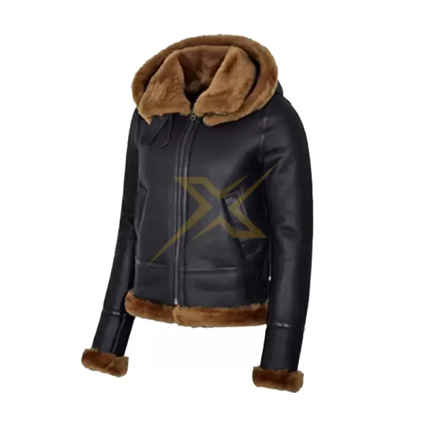 036 Womens Sheepskin Leather Genuine Black with Hood Jacket 2