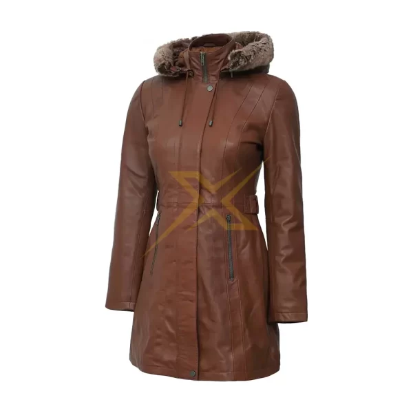049 Womens Genuine Lambskin Jean Brown Shearling Coat Removable Hood Long Coat 2