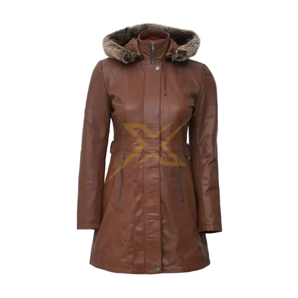 049 Womens Genuine Lambskin Jean Brown Shearling Coat Removable Hood Long Coat 3