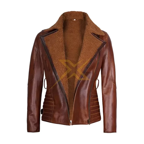 051 Womens Genuine Shearling Real Leather Brown Jacket 2