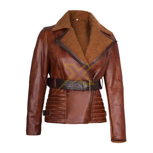 051 Womens Genuine Shearling Real Leather Brown Jacket 3