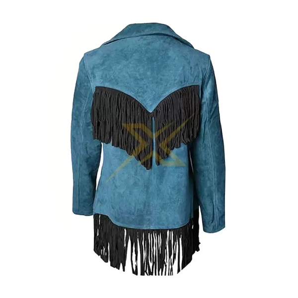 062 Womens Stylish Genuine Vintage Blue Suede Leather Fringe Western Jacket 1