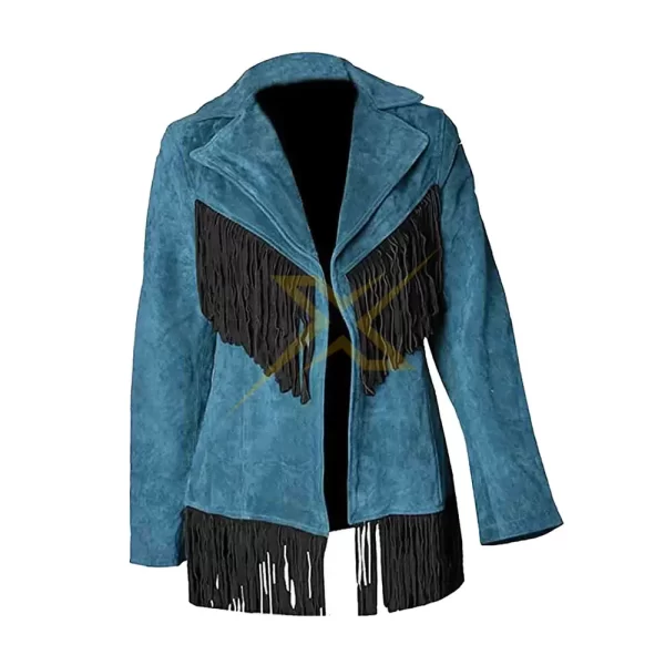 062 Womens Stylish Genuine Vintage Blue Suede Leather Fringe Western Jacket 2
