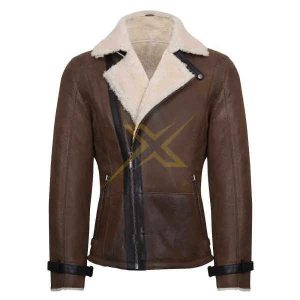 Mens Genuine Leather Shearling Breasted Sheepskin Leather Biker Jacket 1