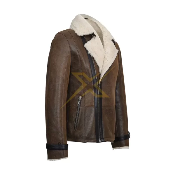 Mens Genuine Leather Shearling Breasted Sheepskin Leather Biker Jacket 2