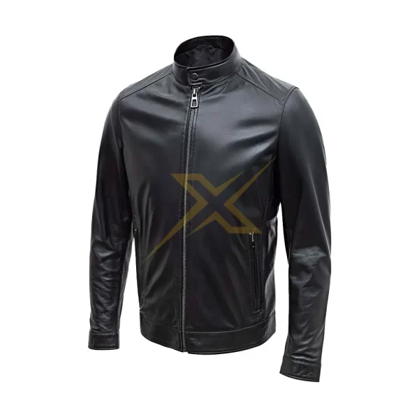 Mens Genuine Leather Slim Fit Cross Zip Up Collar Retro Vintage Brando Mens Jacket 2