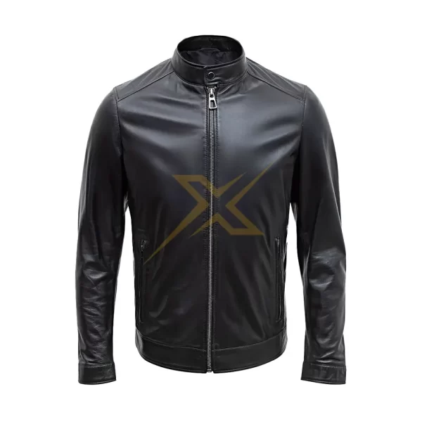 Mens Genuine Leather Slim Fit Cross Zip Up Collar Retro Vintage Brando Mens Jacket 3