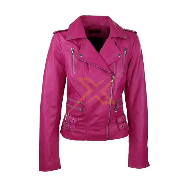 Womens Genuine Leather Pink Short Biker Slim Fit Jacket 2