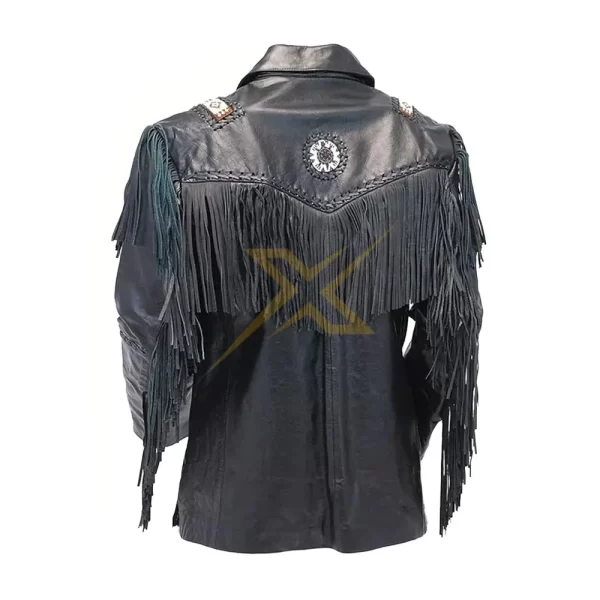018 Mens Genuine Leather Fringe Beaded Western Jacket 1