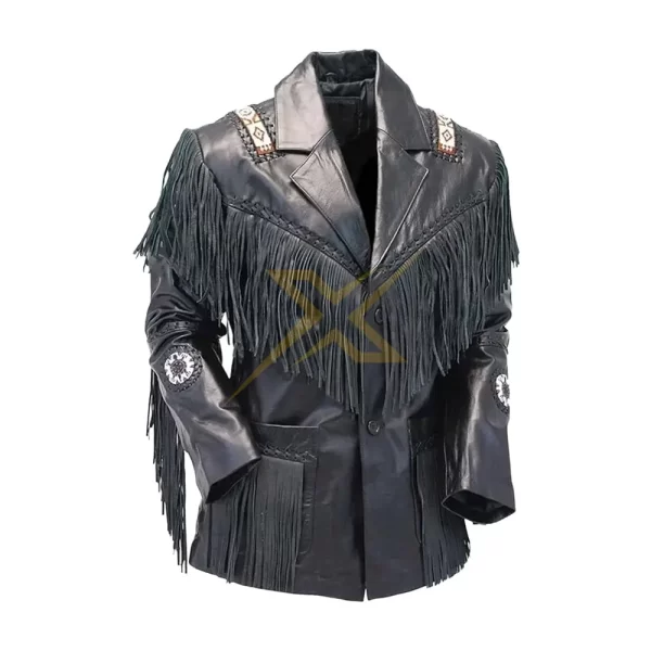 018 Mens Genuine Leather Fringe Beaded Western Jacket 2