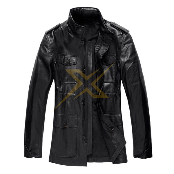 Mens Genuine Lambskin Black Double Closure Leather Coat 2