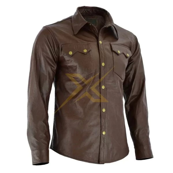 Mens Genuine Sheepskin Dark Brown Long Sleeves Shirt 2