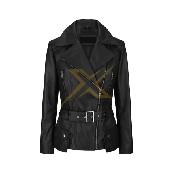 Womens Genuine Leather Belted Fitted Jacket 3