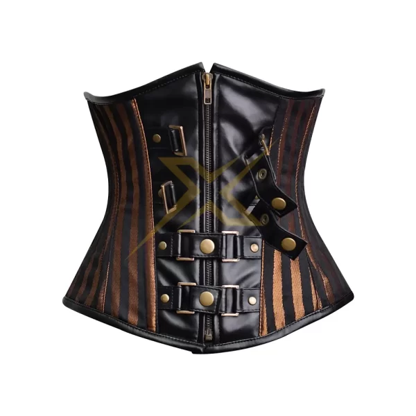 Sexy Womens Brocade and Genuine Leather Heavy duty Steel boned Brown Under Bust Corset Top 1