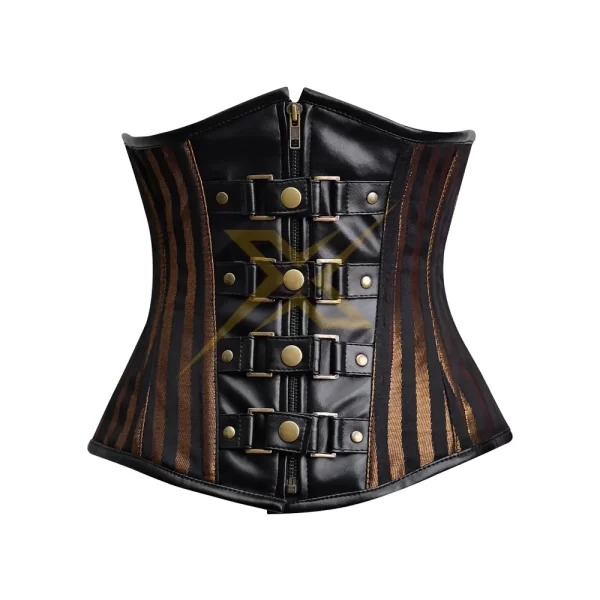 Sexy Womens Brocade and Genuine Leather Heavy duty Steel boned Brown Under Bust Corset Top 2