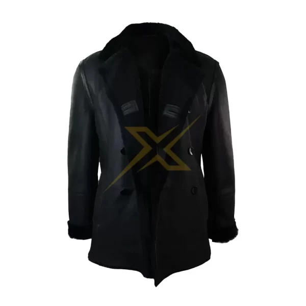 008 Mens Real Shearling Genuine Sheepskin Double Breasted Black Coat 2