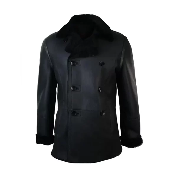 008 Mens Real Shearling Genuine Sheepskin Double Breasted Black Coat 3